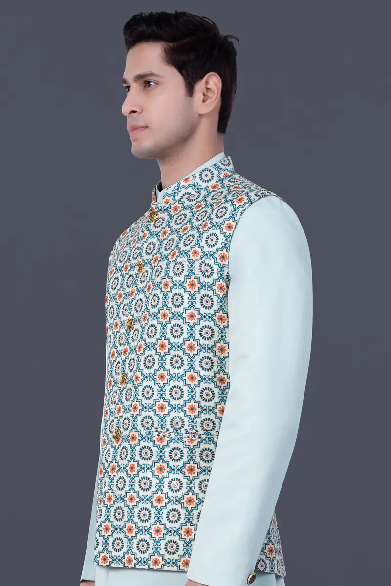 Persian Blue And Crusta Orange Hexagon Thread Embroidered Nehru Jacket 5