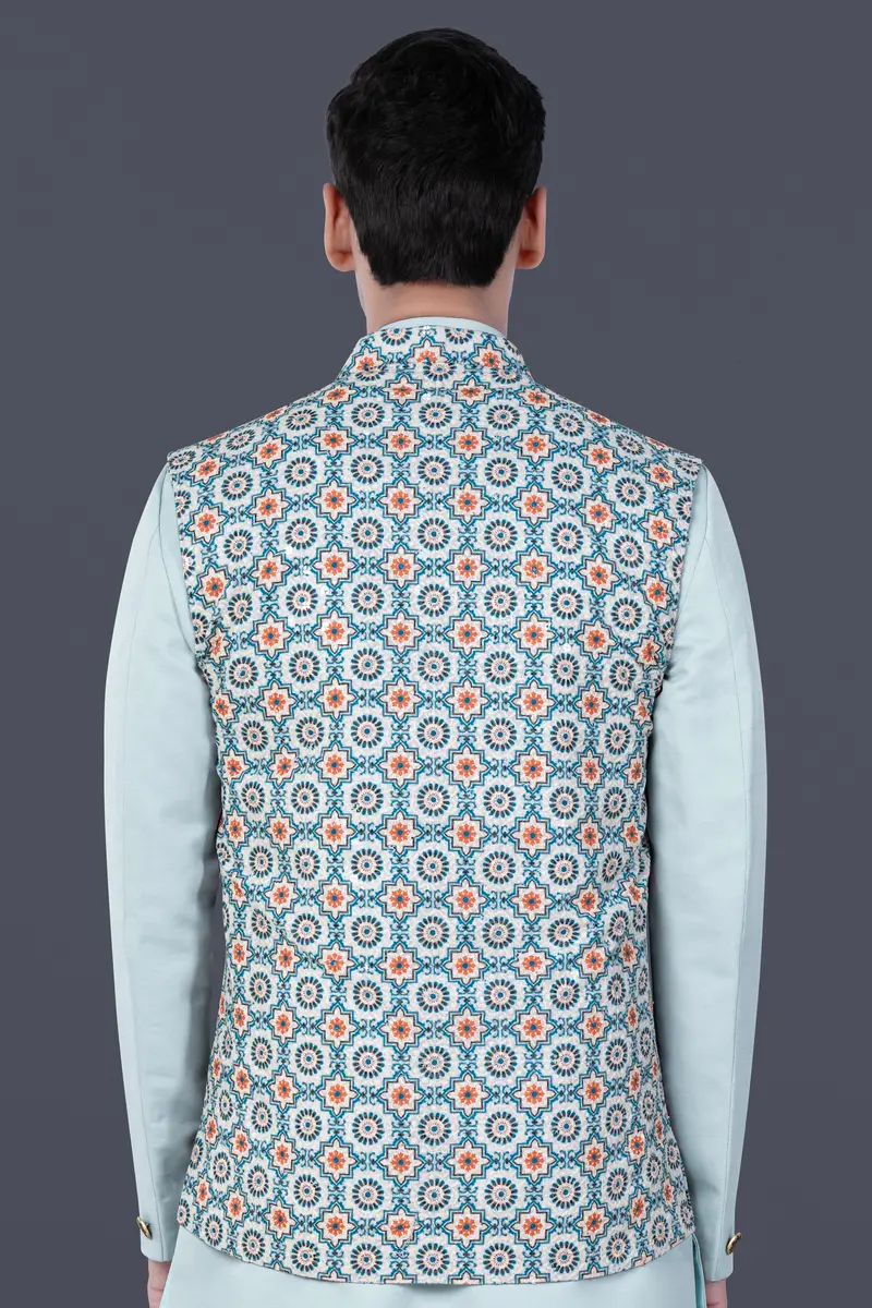 Persian Blue And Crusta Orange Hexagon Thread Embroidered Nehru Jacket 6