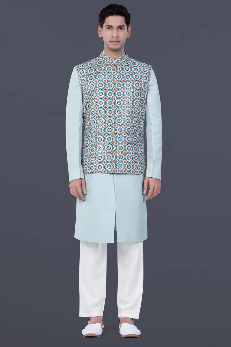 Persian Blue And Crusta Orange Hexagon Thread Embroidered Nehru Jacket 7