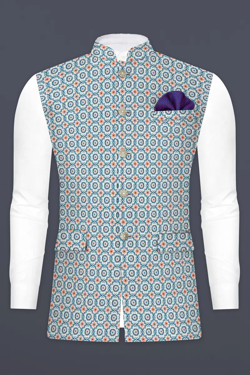 Persian Blue And Crusta Orange Hexagon Thread Embroidered Nehru Jacket 8