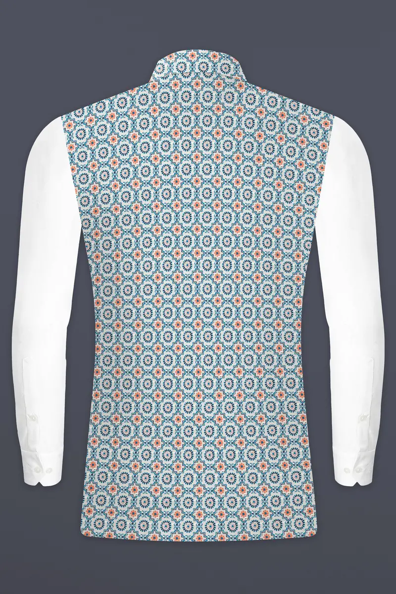 Persian Blue And Crusta Orange Hexagon Thread Embroidered Nehru Jacket 9