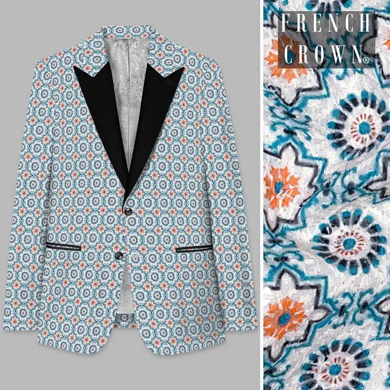 Persian Blue And Crusta Orange Hexagon Thread Embroidered Peak Lapel Tuxedo Blazer 1
