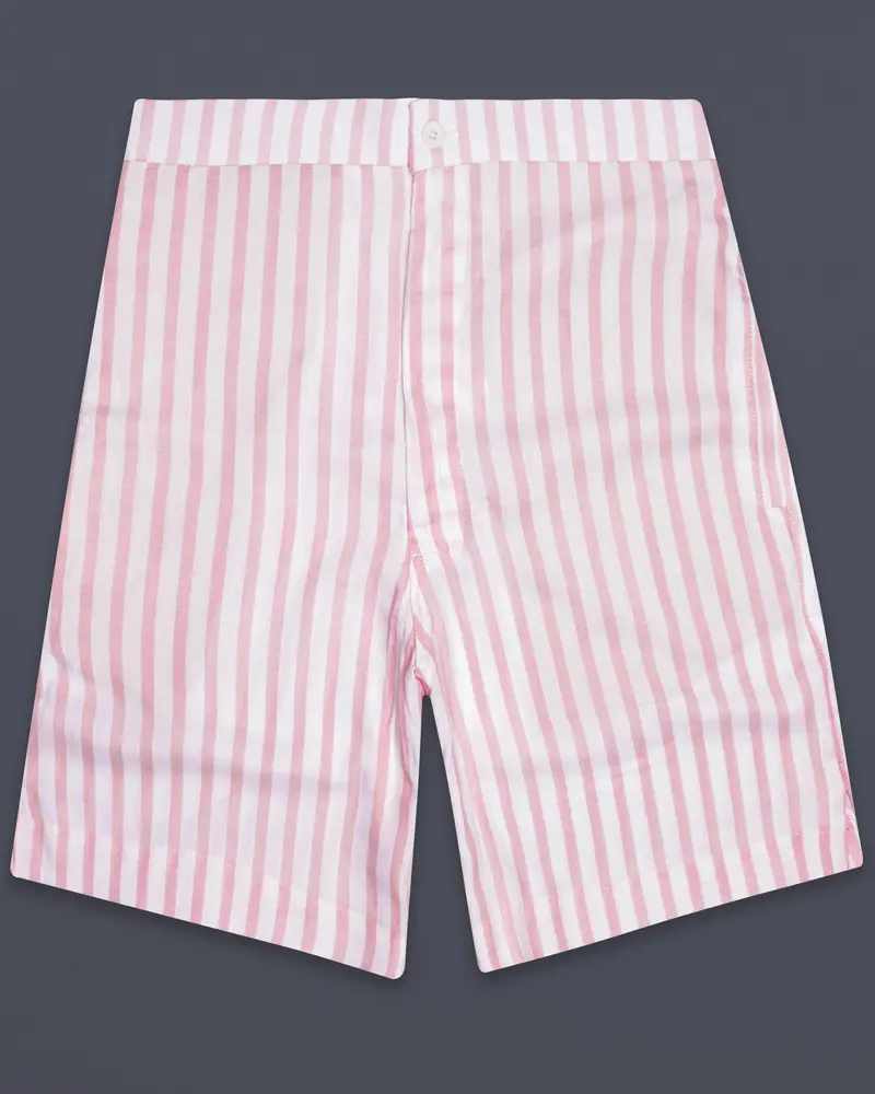 Petaline-Flare Pink And Bright White Striped Twill Super Soft Premium Cotton Shorts 1
