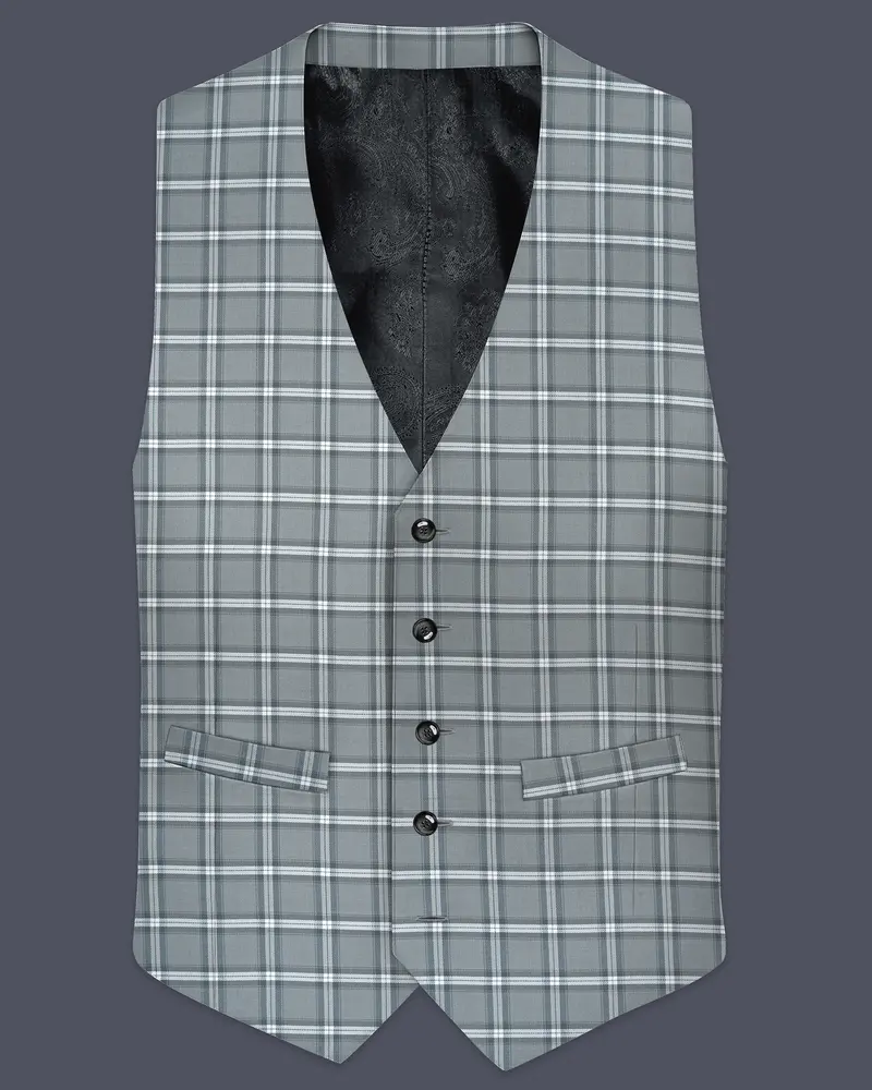 Pewter Gray And White Windowpane Wool Rich Waistcoat 1