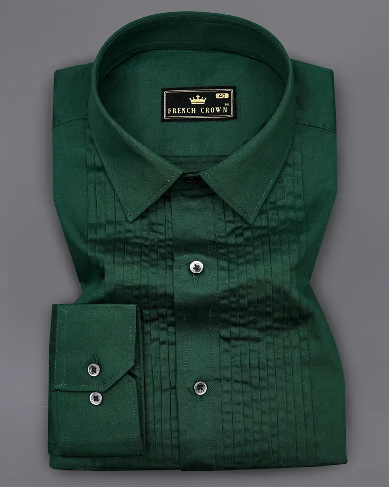 Phthalo Dark Green Subtle Sheen Snake Pleated Super Soft Premium Cotton Tuxedo Shirt 1