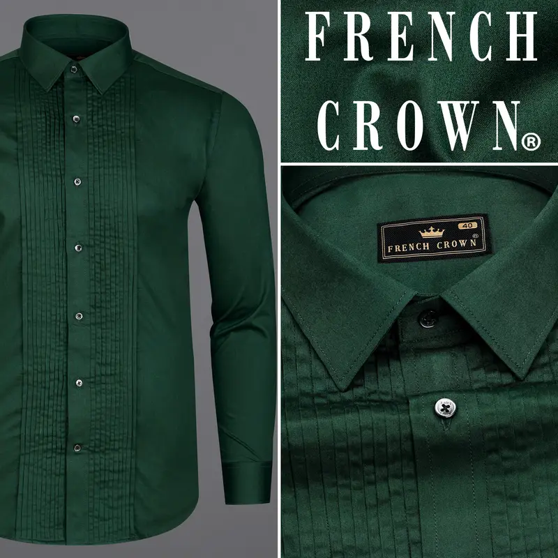 Phthalo Dark Green Subtle Sheen Snake Pleated Super Soft Premium Cotton Tuxedo Shirt 10
