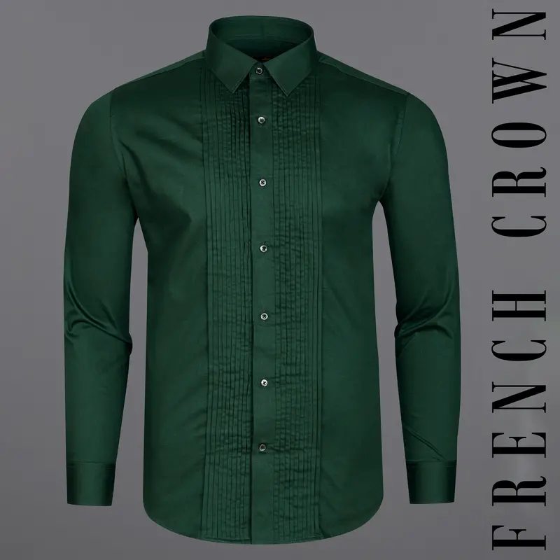Phthalo Dark Green Subtle Sheen Snake Pleated Super Soft Premium Cotton Tuxedo Shirt 11