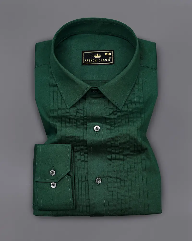 Phthalo Dark Green Subtle Sheen Snake Pleated Super Soft Premium Cotton Tuxedo Shirt 2