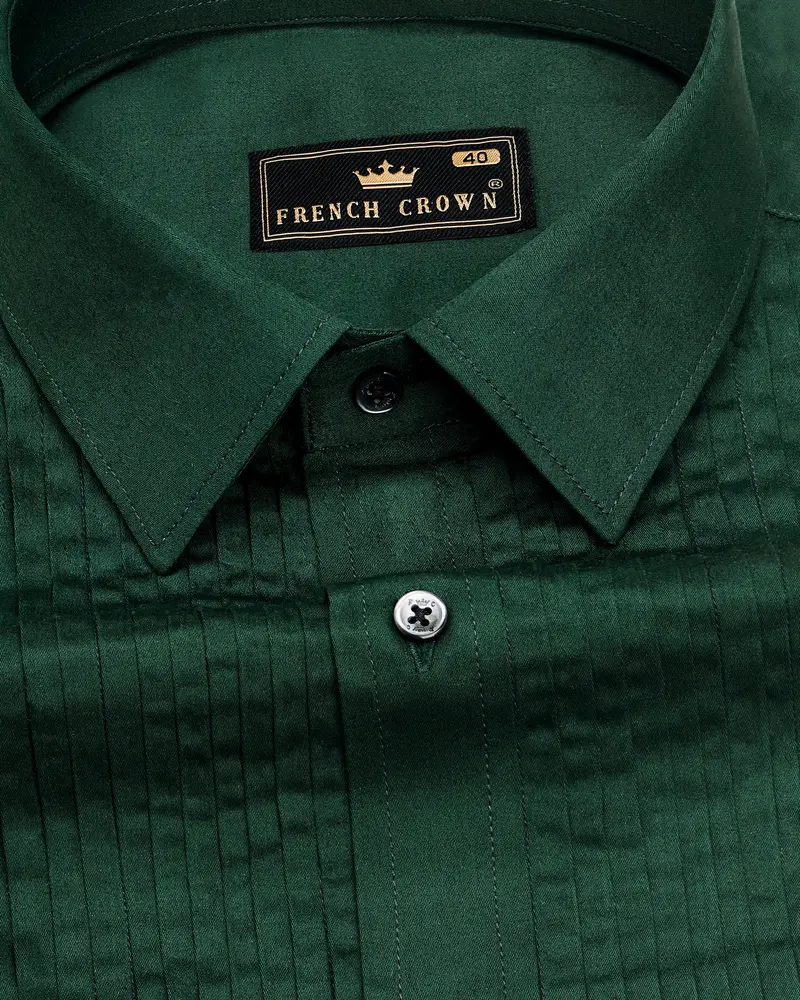 Phthalo Dark Green Subtle Sheen Snake Pleated Super Soft Premium Cotton Tuxedo Shirt 4