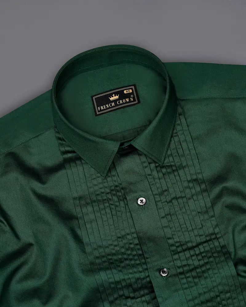 Phthalo Dark Green Subtle Sheen Snake Pleated Super Soft Premium Cotton Tuxedo Shirt 5