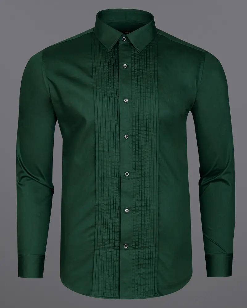 Phthalo Dark Green Subtle Sheen Snake Pleated Super Soft Premium Cotton Tuxedo Shirt 6