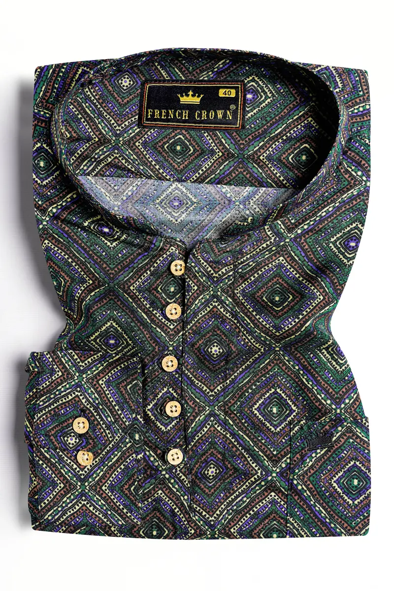 Phthalo Green With Russet Brown Multicolour Printed Premium Tencel Kurta Shirt 2