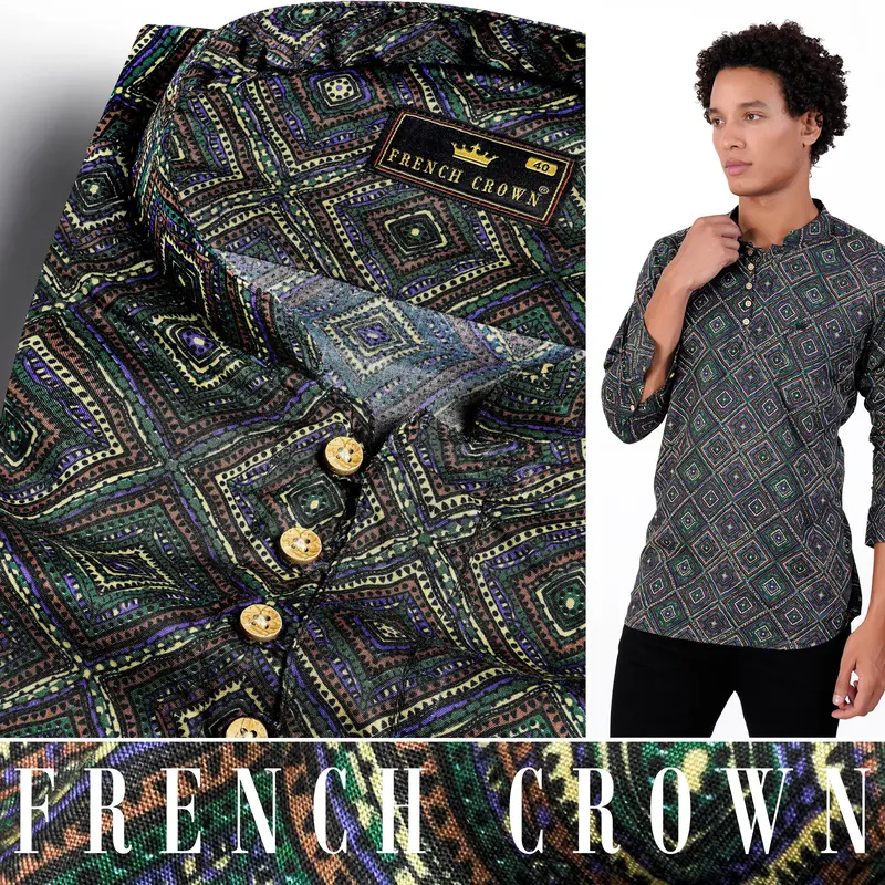 Phthalo Green With Russet Brown Multicolour Printed Premium Tencel Kurta Shirt 5