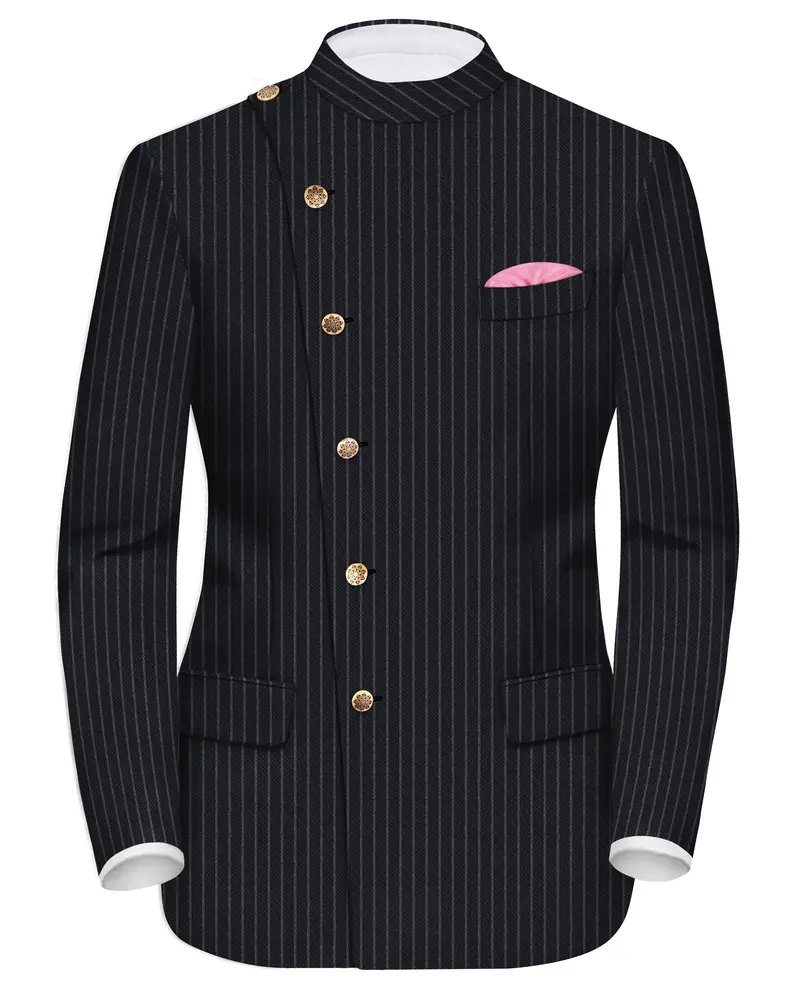Piano Black Striped Cross Placket Woolrich Bandhgala Blazer 1