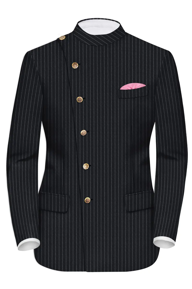 Piano Black Striped Cross Placket Woolrich Bandhgala Blazer 2