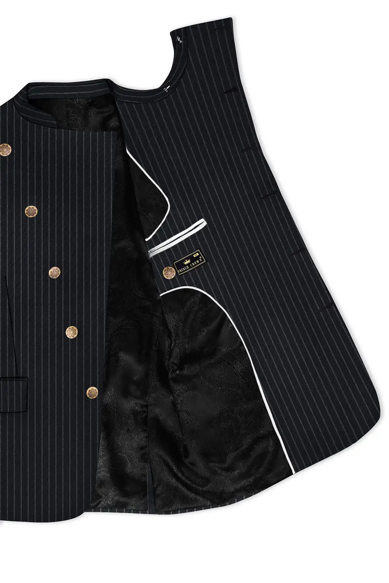Piano Black Striped Cross Placket Woolrich Bandhgala Blazer 4