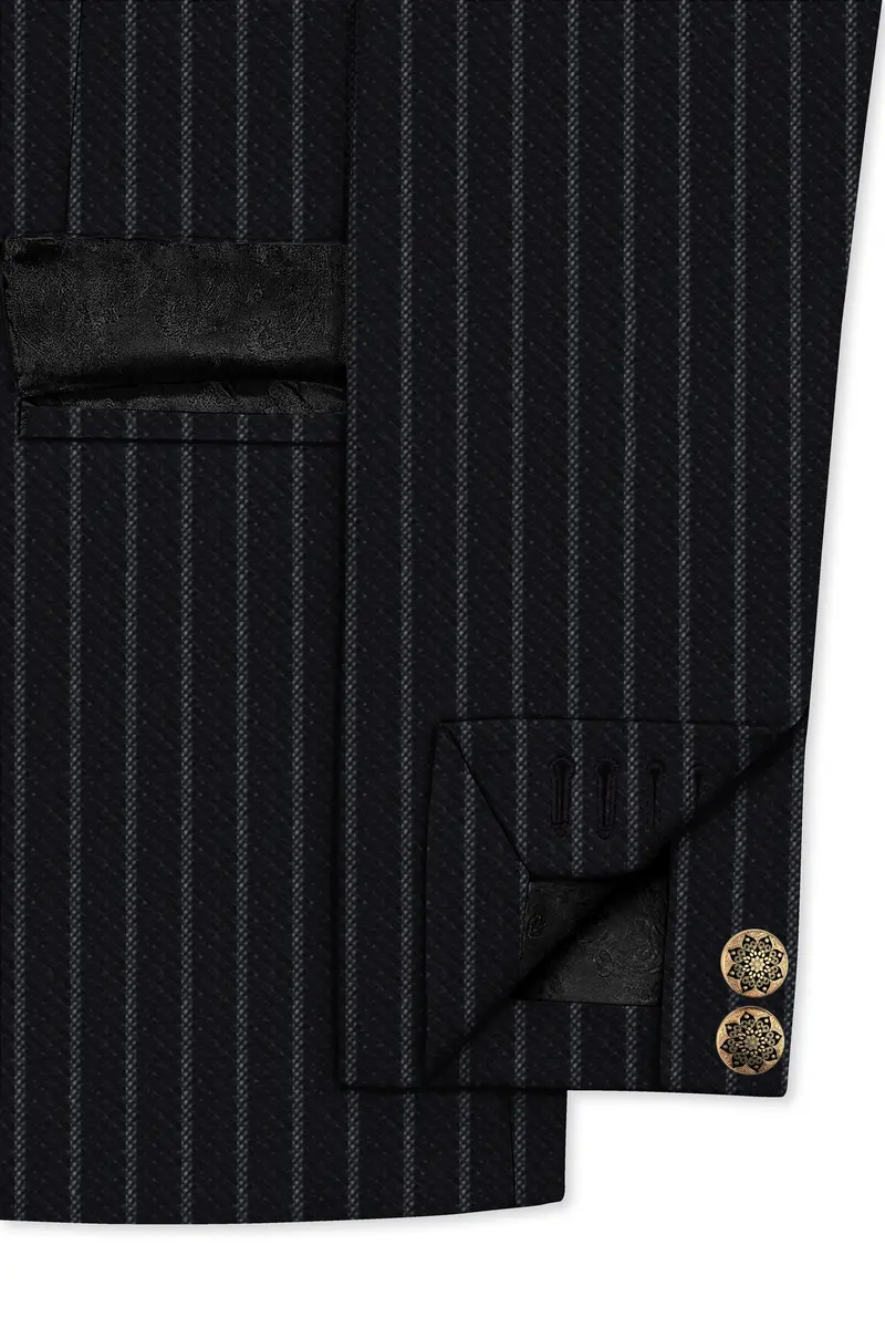Piano Black Striped Cross Placket Woolrich Bandhgala Blazer 5
