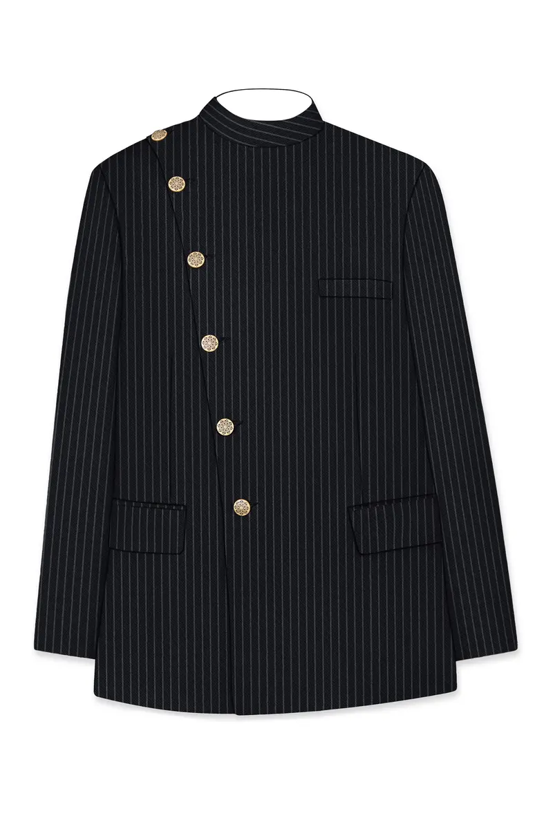 Piano Black Striped Cross Placket Woolrich Bandhgala Blazer 6