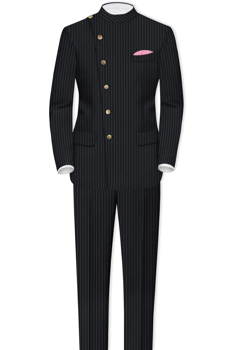 Piano Black Striped Cross Placket Woolrich Bandhgala Blazer 8