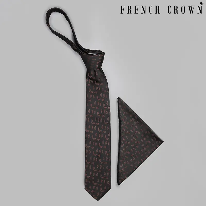 Piano Black With Brown Paisleys Jacquard Patterned Tie And Pocket Square 1