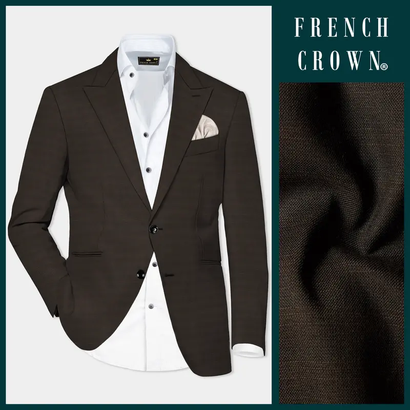 Piano Brown Textured Wool Rich Single Breasted Peak Lapel Blazer 1