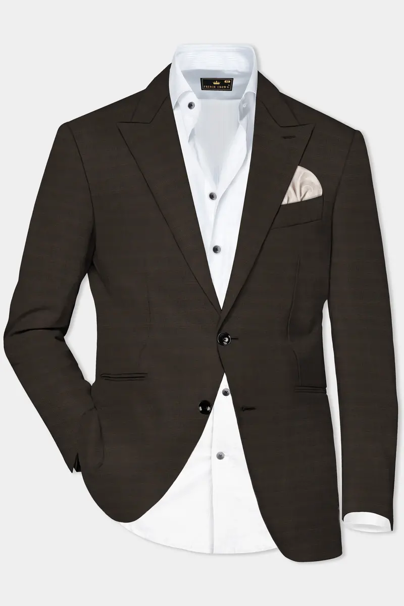 Piano Brown Textured Wool Rich Single Breasted Peak Lapel Blazer 2