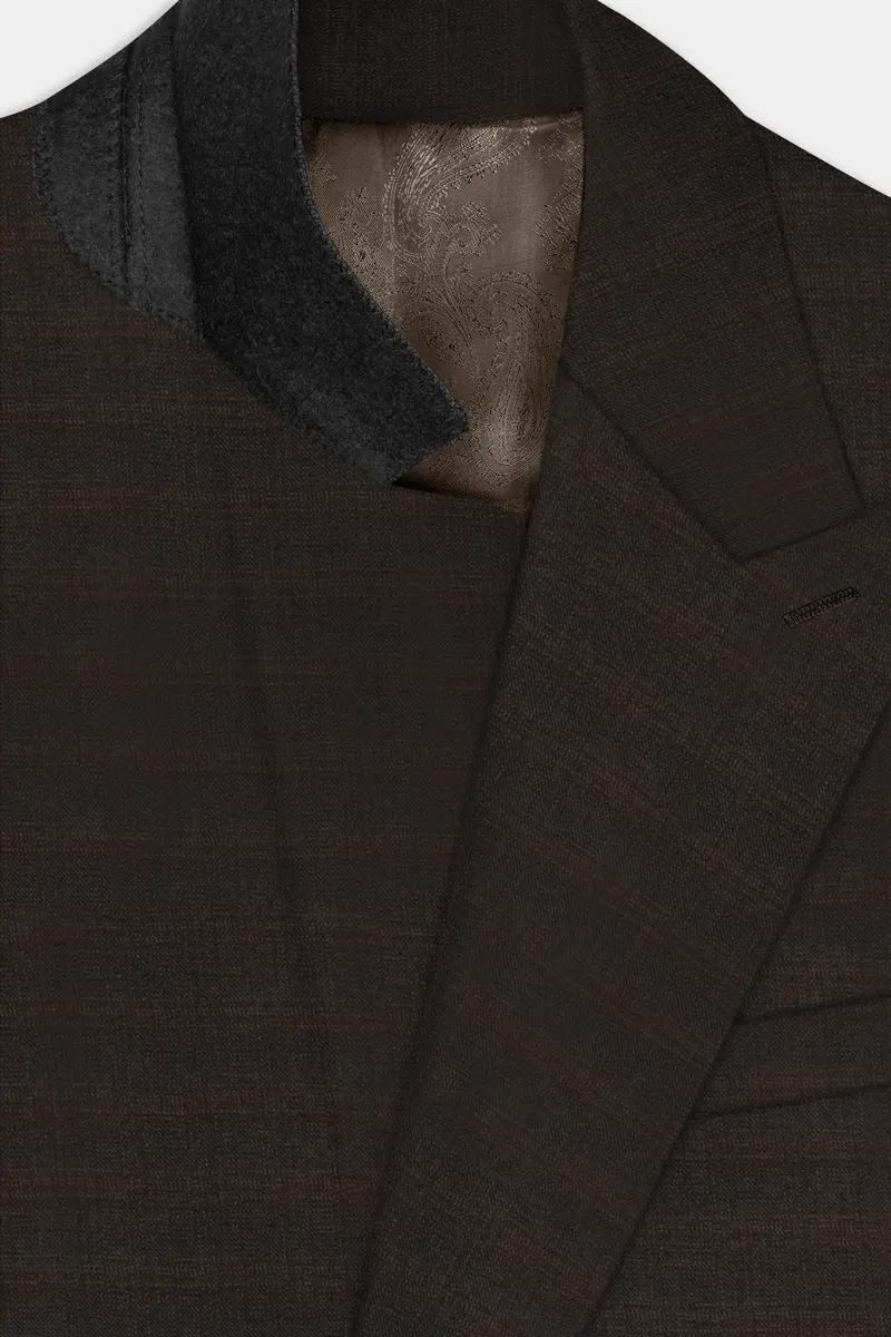 Piano Brown Textured Wool Rich Single Breasted Peak Lapel Blazer 4