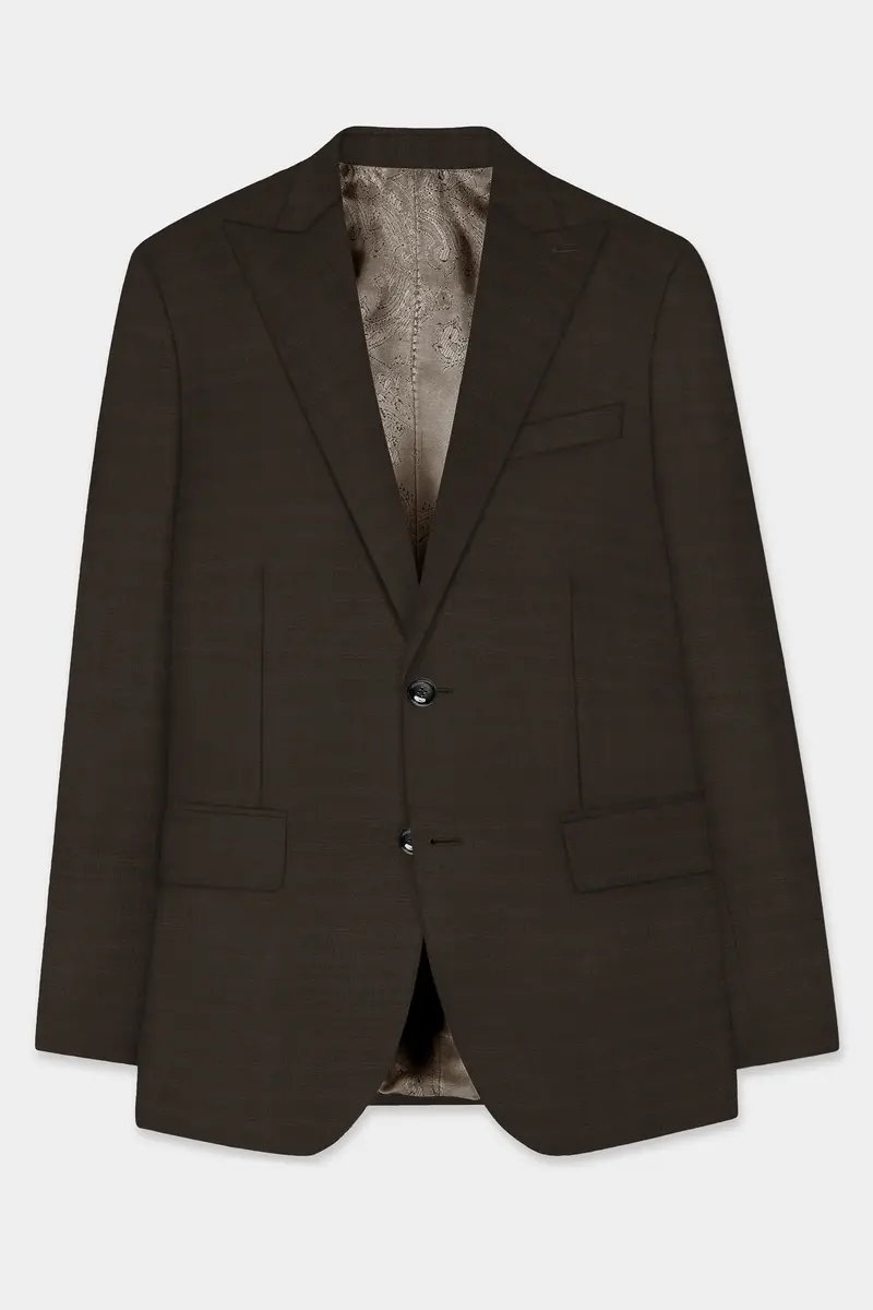 Piano Brown Textured Wool Rich Single Breasted Peak Lapel Blazer 7