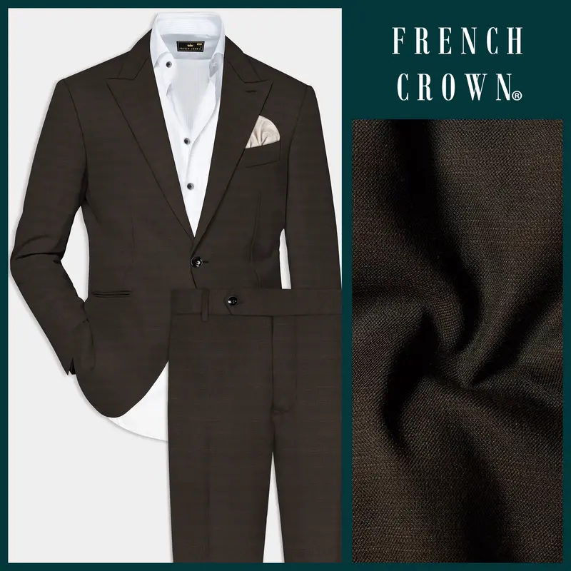 Piano Brown Textured Wool Rich Single Breasted Peak Lapel Suit 1