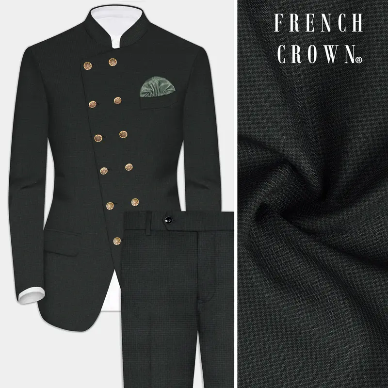 Piano Gray Houndstooth Textured Wool Rich Cross Placket Bandhgala Suit 1