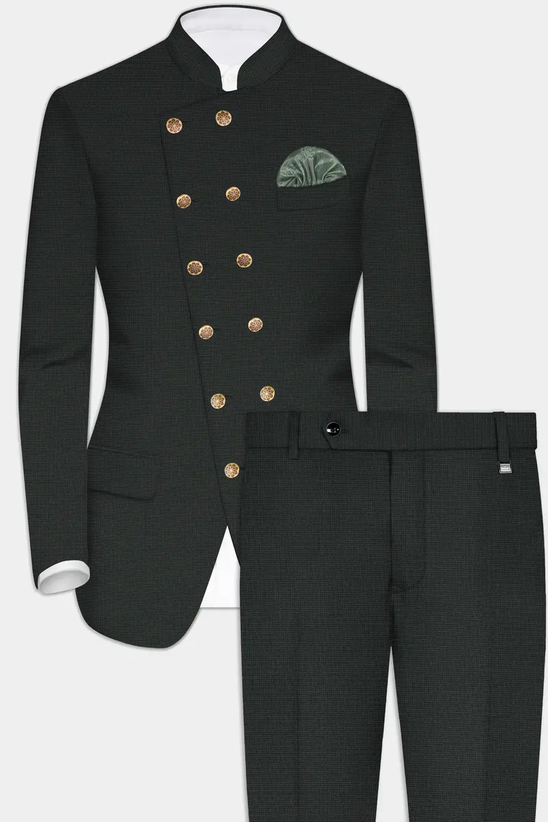 Piano Gray Houndstooth Textured Wool Rich Cross Placket Bandhgala Suit 2