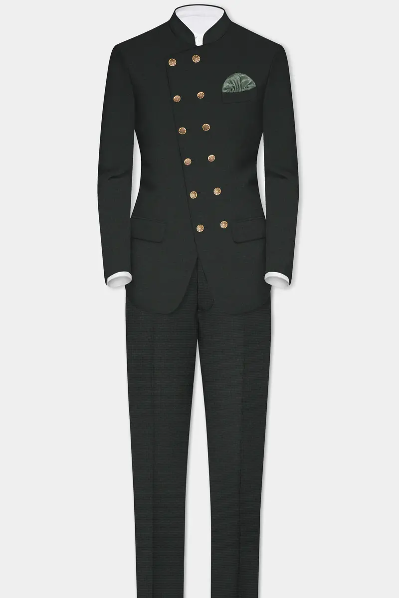 Piano Gray Houndstooth Textured Wool Rich Cross Placket Bandhgala Suit 4