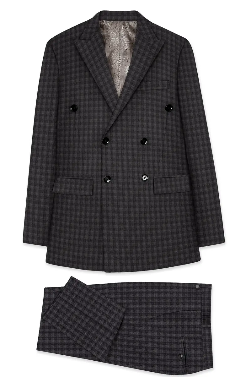 Piano Gray Plaid Wool Blend Double Breasted Suit 11