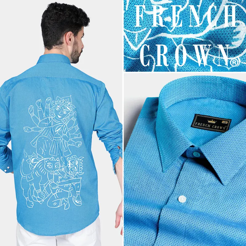 Picton Blue Goddess Durga Hand Painted Dobby Textured Premium Giza Cotton Designer Shirt 1
