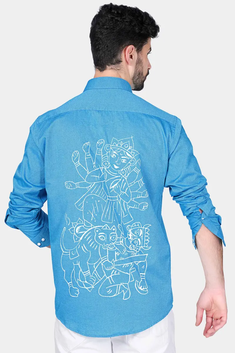 Picton Blue Goddess Durga Hand Painted Dobby Textured Premium Giza Cotton Designer Shirt 2