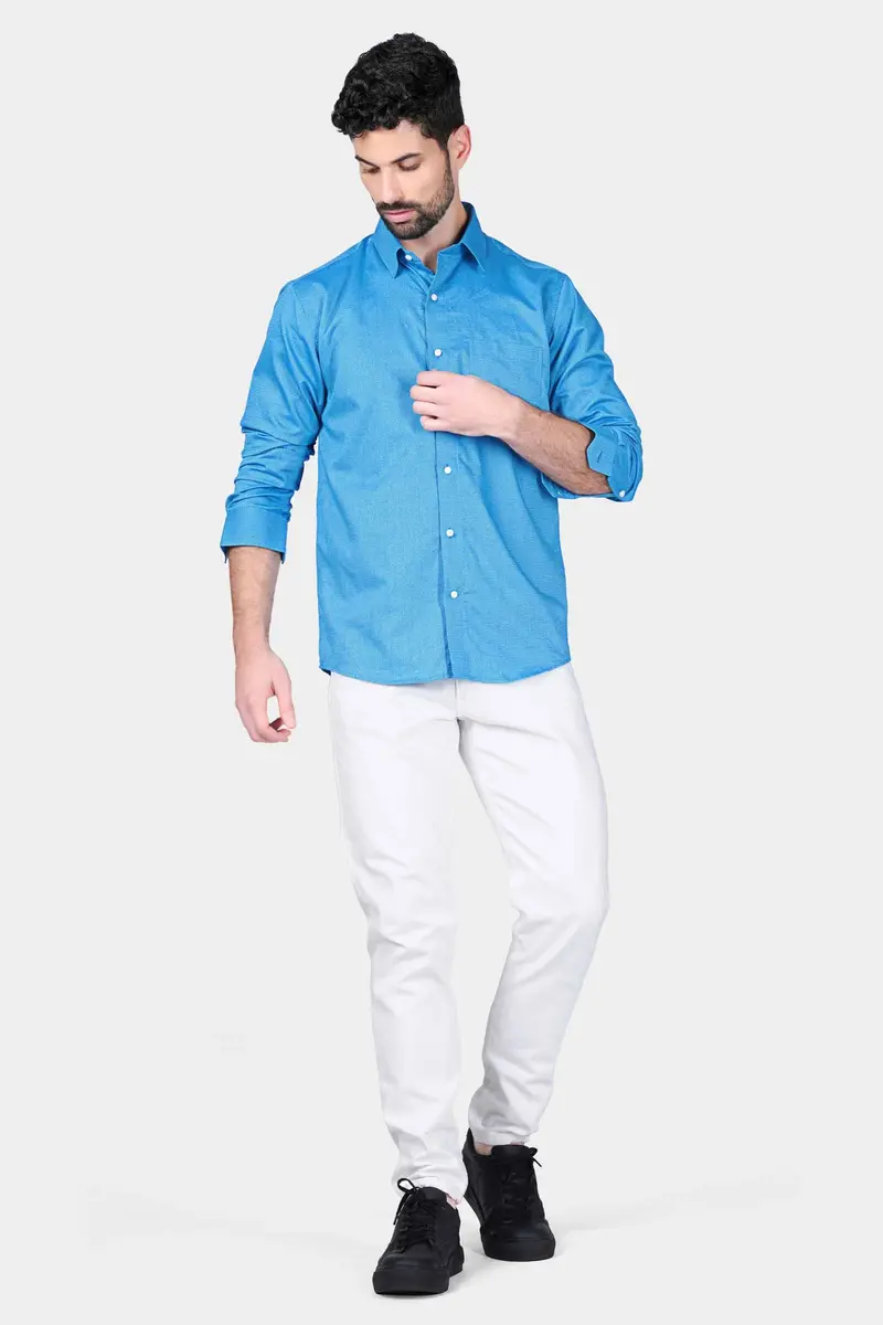 Picton Blue Goddess Durga Hand Painted Dobby Textured Premium Giza Cotton Designer Shirt 6