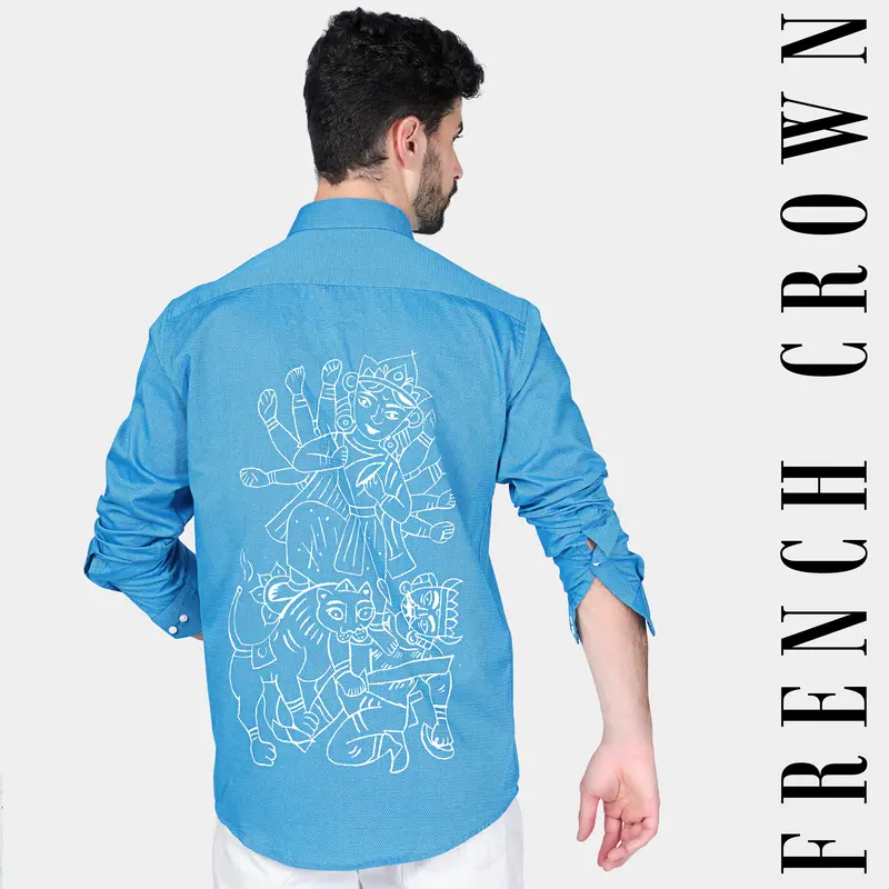 Picton Blue Goddess Durga Hand Painted Dobby Textured Premium Giza Cotton Designer Shirt 8