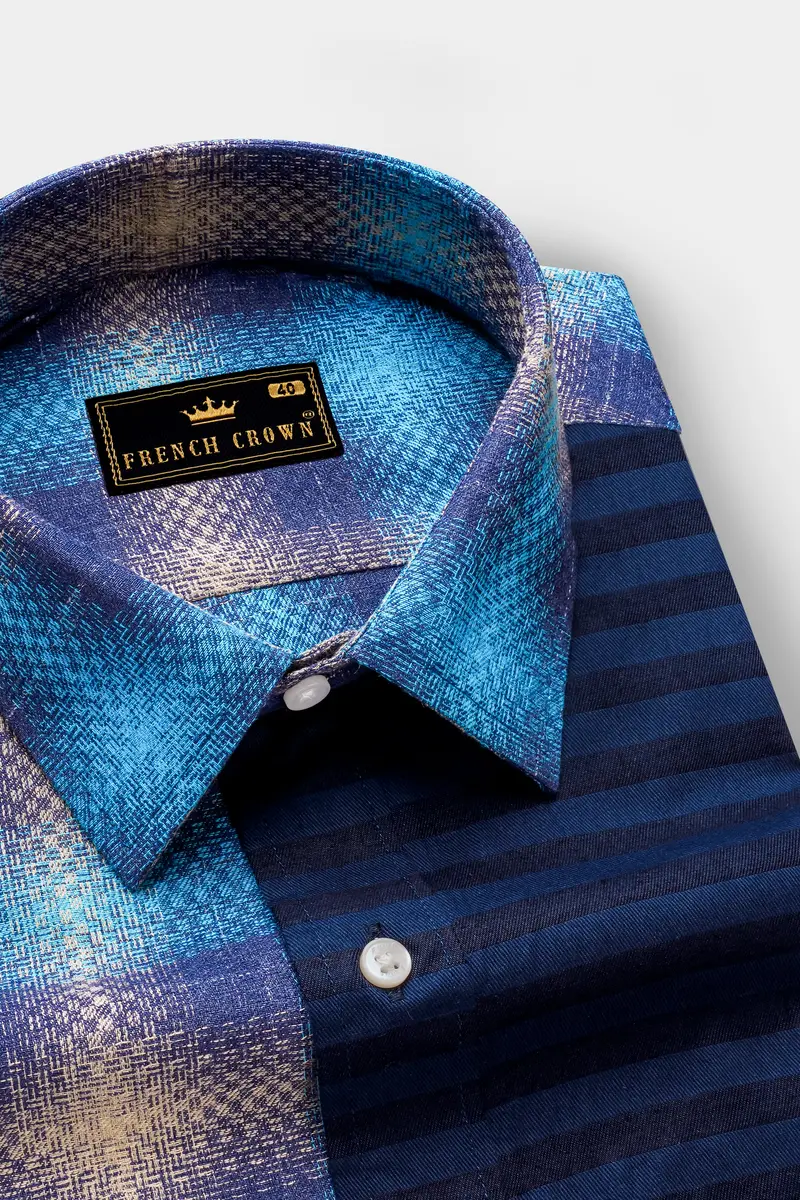 Picton Sky Blue Multicolour Block Pattern Dobby Premium Giza Cotton Designer Shirt 4
