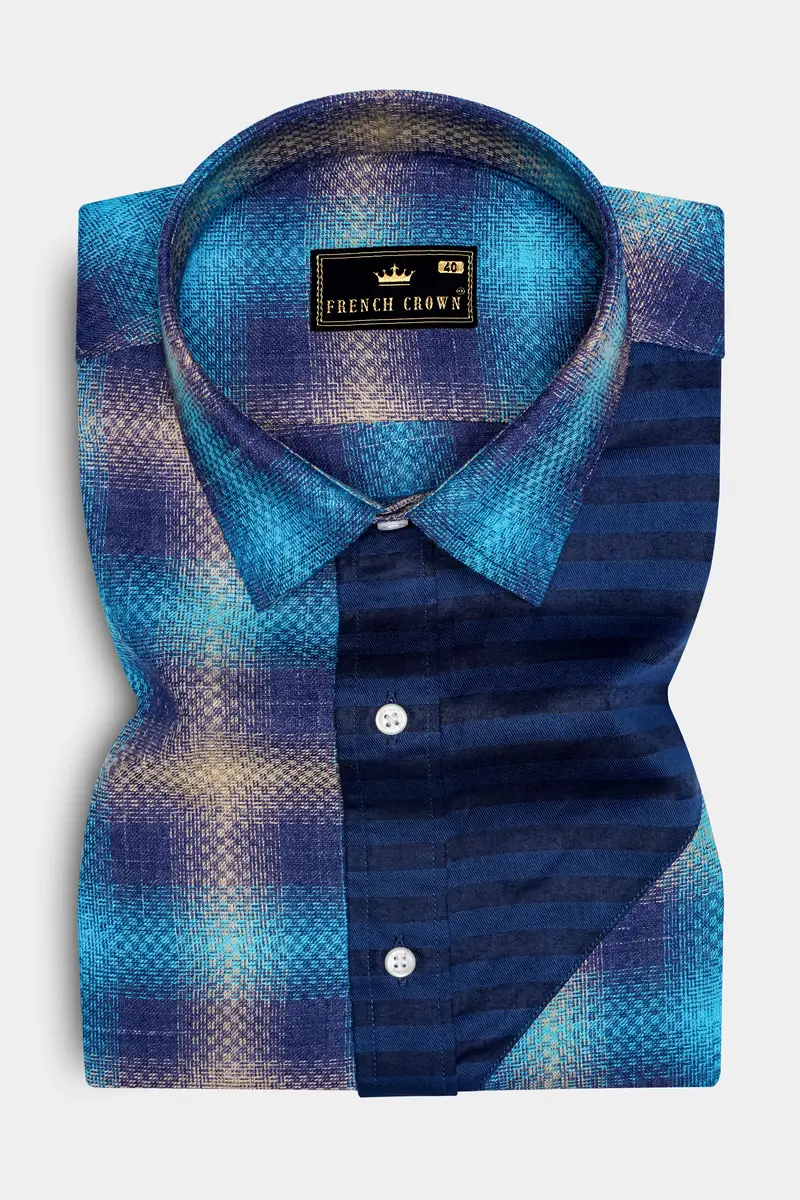 Picton Sky Blue Multicolour Block Pattern Dobby Premium Giza Cotton Designer Shirt 5