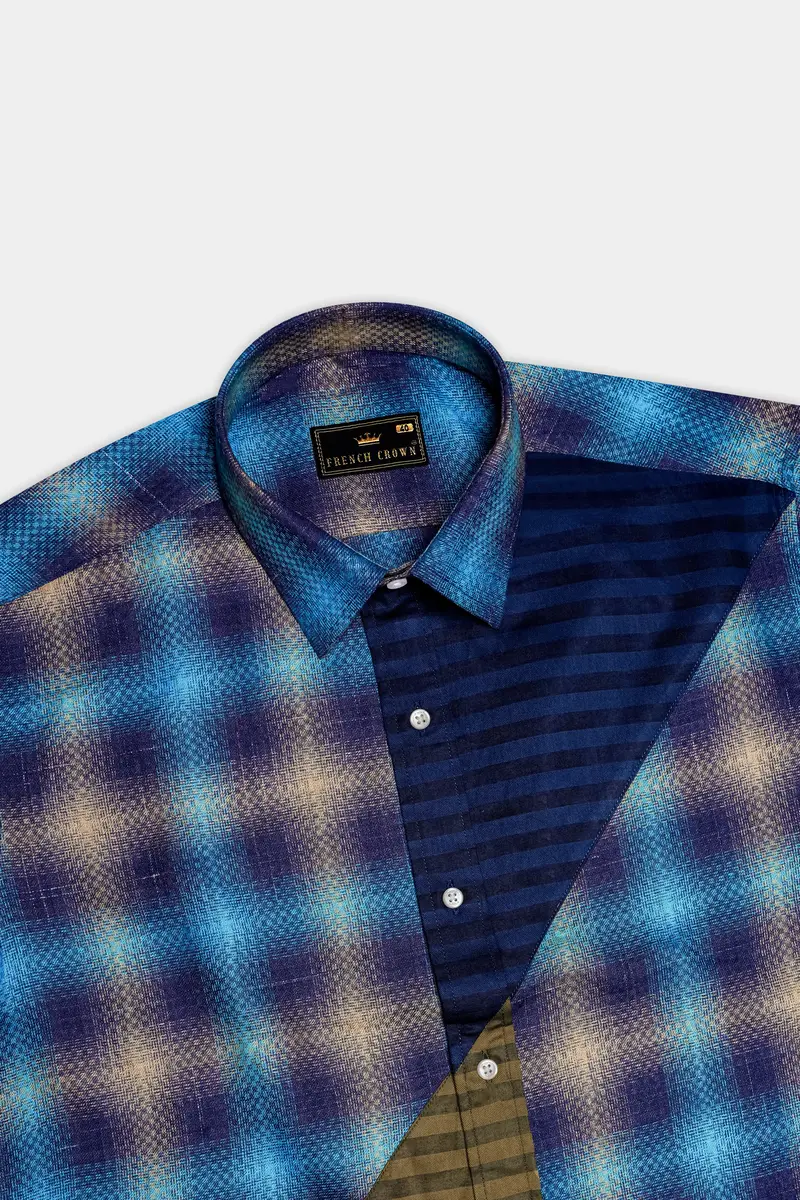 Picton Sky Blue Multicolour Block Pattern Dobby Premium Giza Cotton Designer Shirt 6