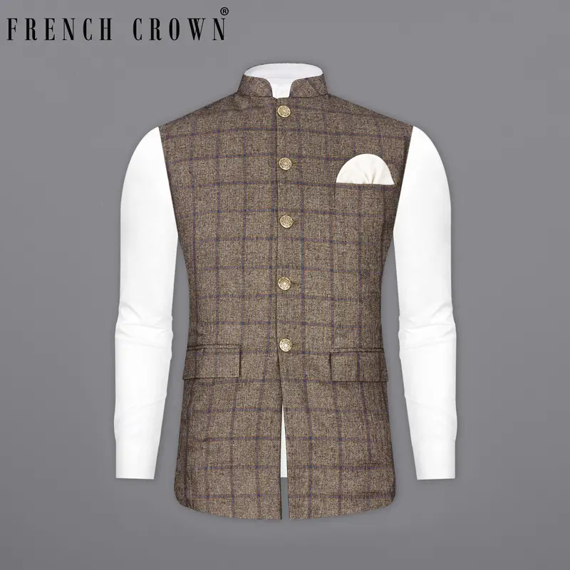 Pine Cone Brown Plaid Nehru Jacket 1