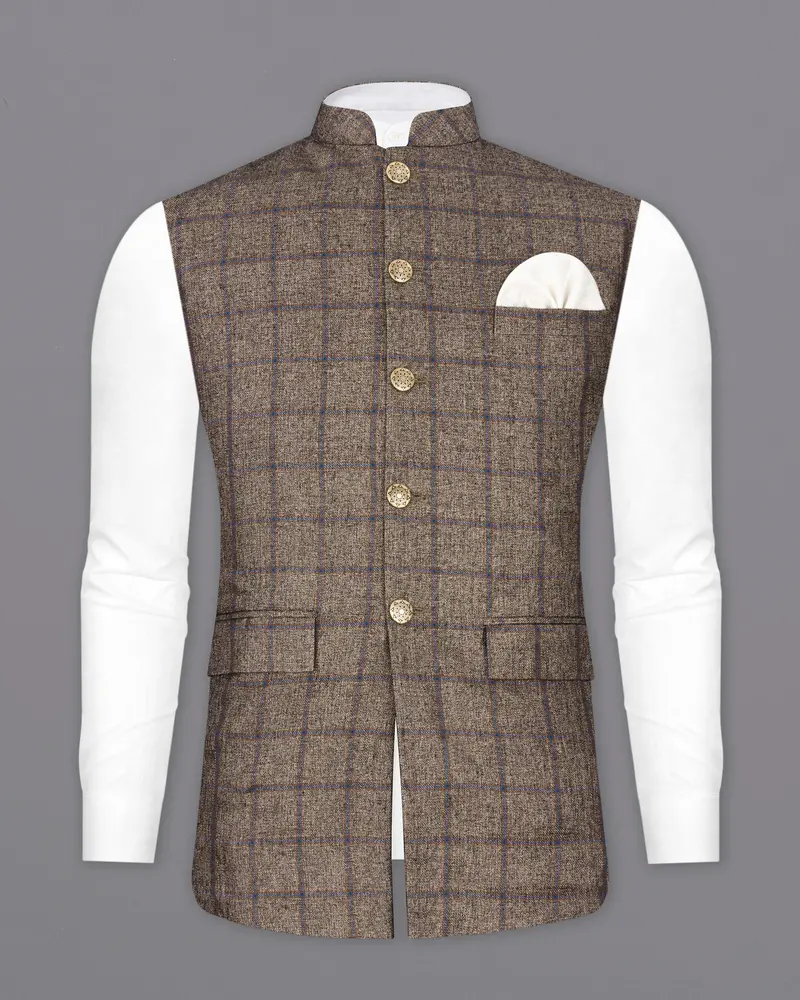 Pine Cone Brown Plaid Nehru Jacket 2