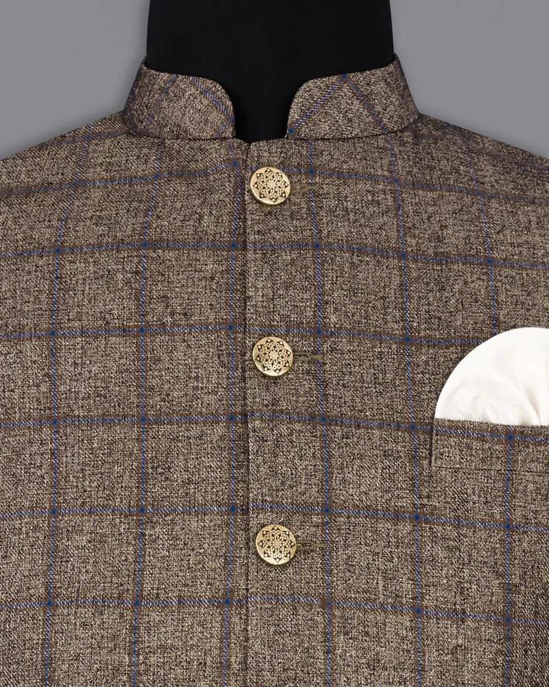 Pine Cone Brown Plaid Nehru Jacket 5
