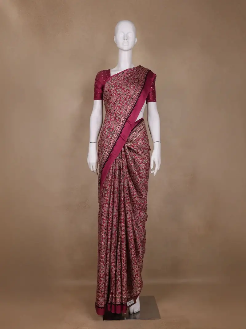 Pink Ajrak Print Mul Mul Cotton Saree 1