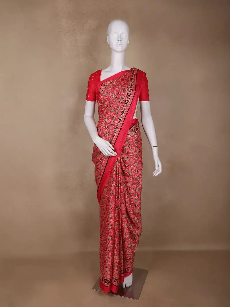 Pink Ajrak Printed Mul Mul Cotton Saree 1