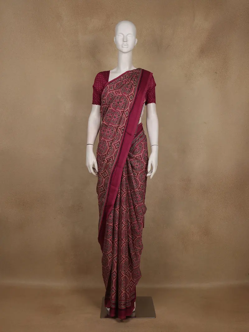 Pink Ajrakh Design Mul Mul Cotton Saree 1