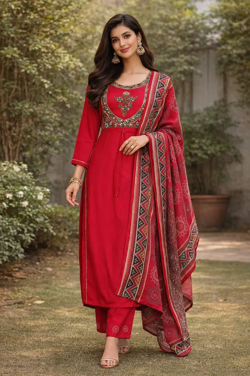 Pink Ajrakh Designs Cotton Rayon Straight Cut Salwar Suit 1