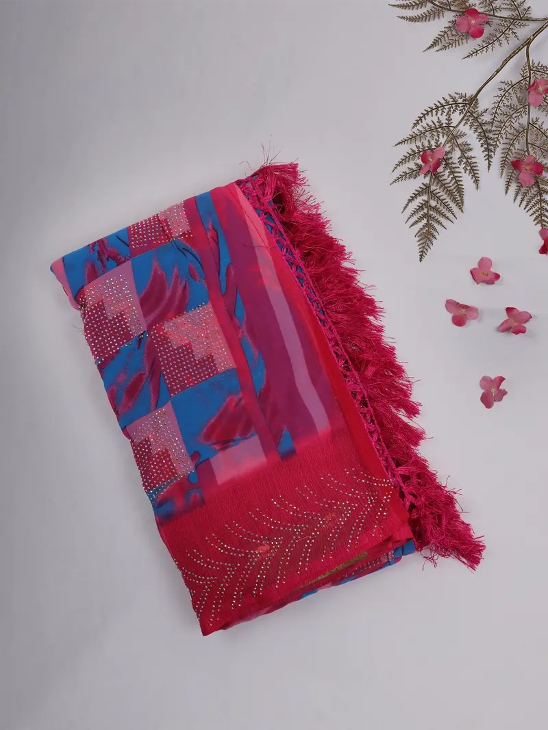 Pink And Blue Geometric Printed Design Chiffon Saree With Stone Embellished Border 1