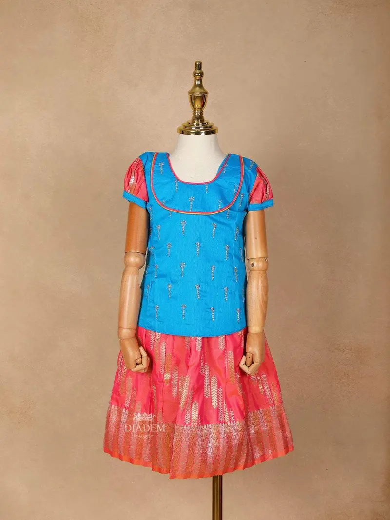 Pink And Blue Silk Pattu Pavadai Set Adorned With Zariwork 1