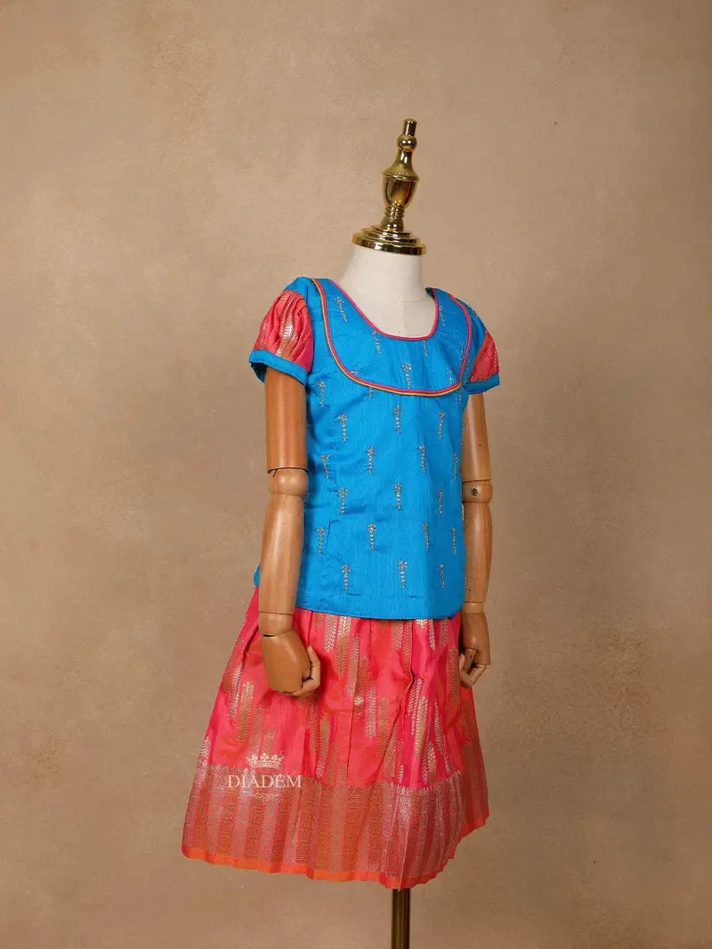Pink And Blue Silk Pattu Pavadai Set Adorned With Zariwork 2